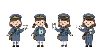 Set of cartoon illustrations of kids dressed as mail carriers in professional uniforms delivering letters and packages, riding bicycle, and saluting, symbolizing postal service, delivery, and teamwork