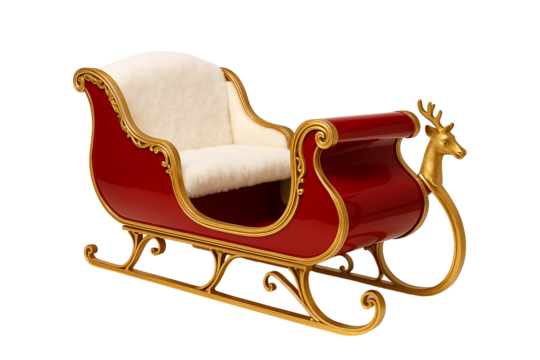 Classic Santa Claus sleigh with ornate golden trim and plush white seat, high-resolution image for seasonal design