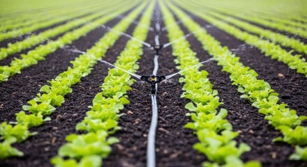 Obraz premium Rows of lettuce plants are being irrigated by a sprinkler system in a field.