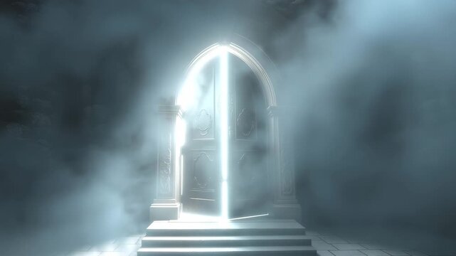 Swirling fog enveloping stone cathedral entrance, mysterious bright light emerging from slowly parting ancient doors, creating haunting supernatural atmosphere, 4K Video