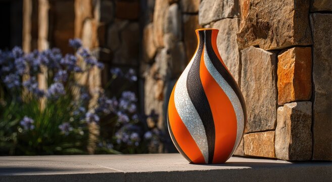 Orange, black, & white vase on stone steps