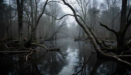 A hauntingly beautiful forest scene with a tranquil lake reflecting bare trees in the mist.