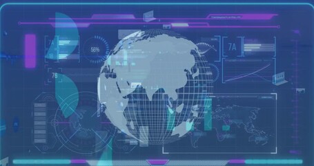 Animation of infographic data with graphs, globe processing on digital interface - Powered by Adobe