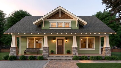 Naklejka premium Charming green craftsman style bungalow home with inviting front porch