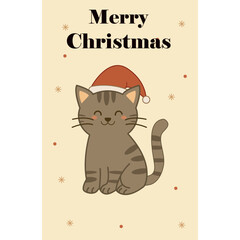 Illustration of a striped gray cat in a Santa hat. Cute cartoon cat.