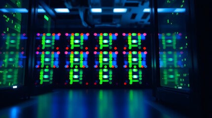 Glowing Sapphire and Lime Lights Inside Futuristic Server Racks