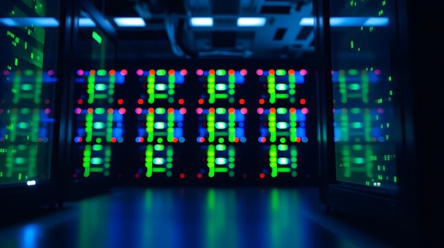 Glowing Sapphire and Lime Lights Inside Futuristic Server Racks