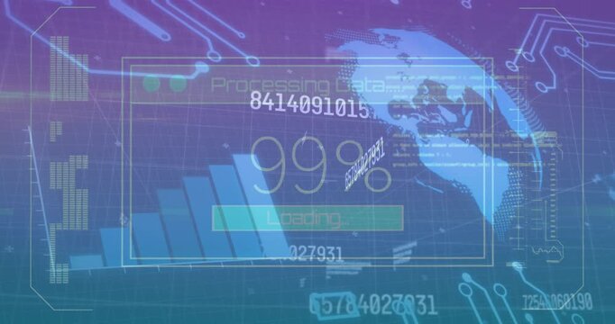 Animation of financial data processing with graph, globe on digital interface - Powered by Adobe