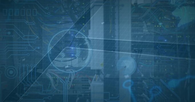Animation of infographic data processing on digital interface against computer server - Powered by Adobe