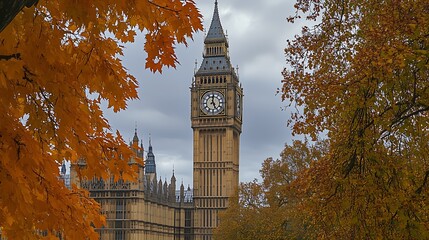 Close-Up of Big Ben (London Parliament) with Clock Showing ~11:00, Surrounded by Vibrant Autumn Leaves