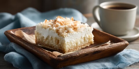 Foodie culture concept shows Delicious dessert with almond topping served on a wooden plate alongside a cup of coffee.