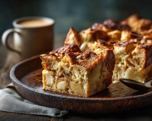 Foodie culture concept shows Delicious baked dessert served on a rustic plate with a cup of coffee in the background.