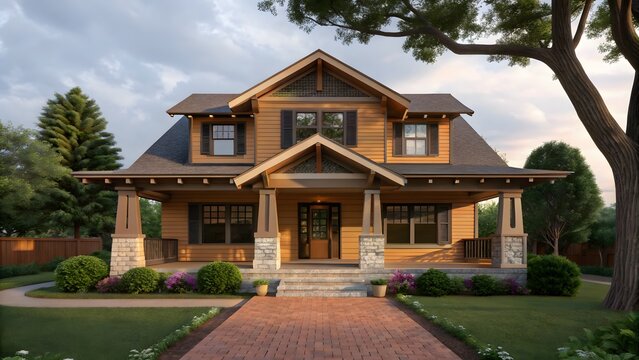 Beautiful craftsman style house with welcoming front porch and brick walkway