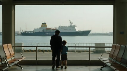 Two individuals observe a large ferry from a terminal window, with seating areas visible in the foreground.
