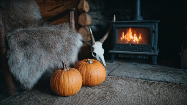 Cozy hearth glow with rustic pumpkins, weaving autumnal mystery for Samhain whispers and Nordic Hygge dreams in woodland retreat
