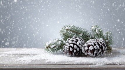 Snowy pinecones on rustic wood, whispering Yule festivity and Nordic winter solstice charm, evoke serene holiday nostalgia