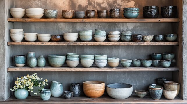 Handmade pottery displayed on rustic wooden shelves, offering a glimpse of artisan craftsmanship.