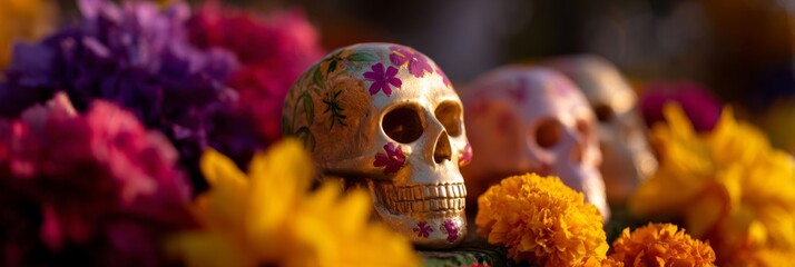 Vibrant marigolds cradle painted skulls, evoking Dia de los Muertos' mystical celebration, ancestral traditions, and enchanting autumn colors