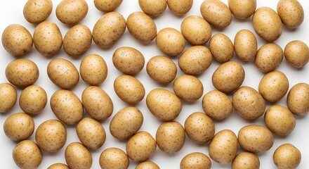 A close-up overhead shot of numerous small, unpeeled potatoes scattered across a white surface, creating a textured pattern.