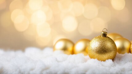 Glittering gold baubles rest on a frothy snow blanket, exuding Yule sparkle, Festivus cheer, and winter solstice magic