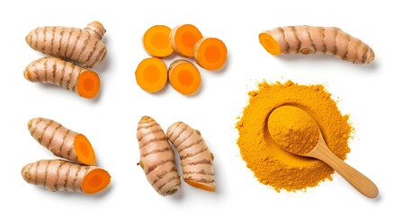 A collection of fresh turmeric rhizomes, both whole and sliced, alongside a pile of golden turmeric powder with a wooden spoon.