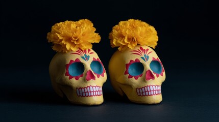 Fototapeta premium Vibrant sugar skulls crowned with marigolds evoke Dia de los Muertos, celebrating life with colorful, symbolic zest