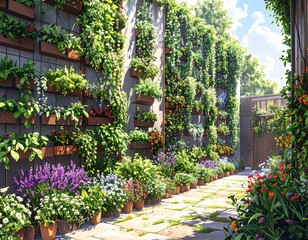 Obraz premium A vibrant garden path lined with lush vertical planters and colorful blooms, bathed in sunny daylight.