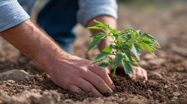 A Caucasian man's hands nurture vibrant seedlings in fertile soil, celebrating Earth Day and the ancient tradition of Beltane