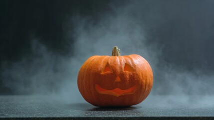 Smoky pumpkin grin beckons, echoing Samhain whispers, rustic autumnal festivity, lantern-lit folklore, in twilight's embrace