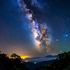 Fototapeta premium A breathtaking panorama of the Milky Way, rising above a misty mountain landscape at dawn.