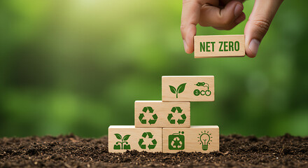 Net Zero and Carbon Neutral Concepts,green net center icon and green icon on gray background. Net Zero Emissions Goals A climate-neutral long-term strategy Ready to put wooden blocks by hand 