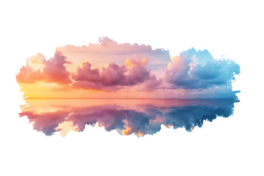 Colorful sunset clouds reflected on calm water isolated on a transparent background