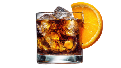 A cocktail, amber-brown in color, garnished with an orange slice, sits in a rocks glass filled with ice