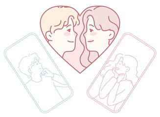 This illustration shows a couple connected through digital devices, symbolizing modern romance and relationships
