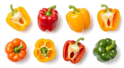 A vibrant arrangement of colorful bell peppers, whole and sliced, isolated on white.