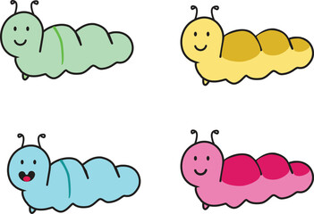 Cute Caterpillar Flat Design Cartoon Icon Set
