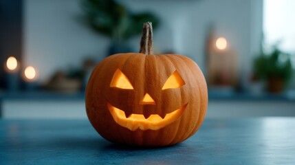Fototapeta premium A grinning jack-o'-lantern flickers with mischief, embodying All Hallows' Eve and Samhains ethereal whispers over the table