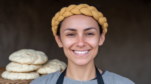 A smiling woman with braided headband presents freshly baked bread, embodying World Baking Day and Harvest Home Festival - Powered by Adobe