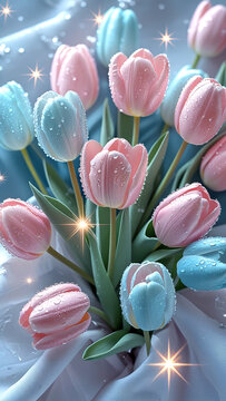 "Close-up of pastel pink and blue tulips with sparkling dewdrops, dreamy floral composition with glowing crystal reflections, romantic spring botanical artwork in soft elegant colors"