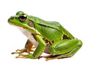 A green frog captured from the side, crouched in a natural position with visible legs 608658