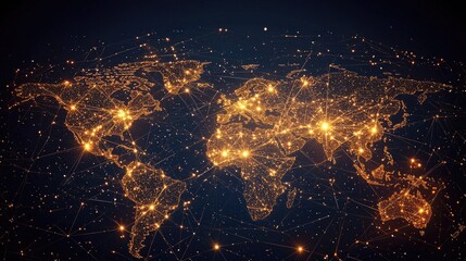 A world map with glowing lights and connections, representing global connectivity and networked technology.