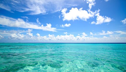 Turquoise Ocean and Blue Sky with Fluffy Clouds, Peaceful Tropical Scene