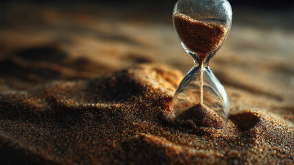 Obraz premium Golden sand hourglass on sandy surface showing passage of time with warm dramatic lighting