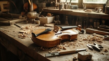 A detailed shot of a workbench, with a violin in the process of being made, wood shavings, calipers, and small hand tools surrounding it, master craftsmanship, warm workshop light.
