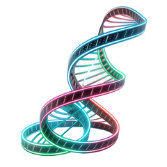 Glowing dna strand with pink blue and green lights on a black background on transparent background