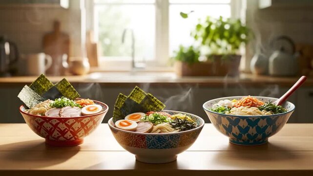 Three Steaming Bowls of Authentic Ramen Topped with Nori Seaweed Pork Scallions and Soft Boiled Eggs Served in a Bright Kitchen with Wooden Table and Utensils Warm and Inviting Culinary Scene