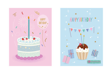 Colorful birthday illustration set with cake, cupcake, candles, gifts, balloons, confetti, and decorations. Fun festive design for greeting cards, invitations, posters, and party celebration themes.