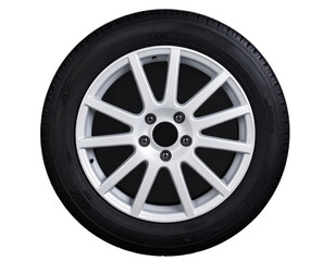 Obraz premium A large black tire with a clean white rim, captured close-up from the front, crisp ci 782516