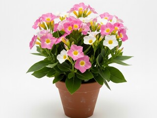 Potted Pink and White Mandevilla Flowers on a White Background