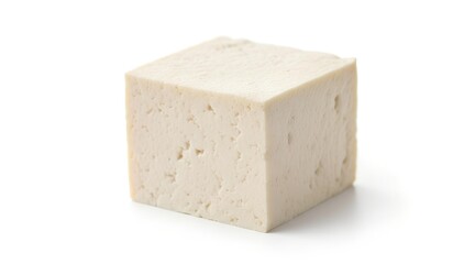 A single cube of fresh, firm white tofu, a healthy plant-based protein, isolated on a clean white background.